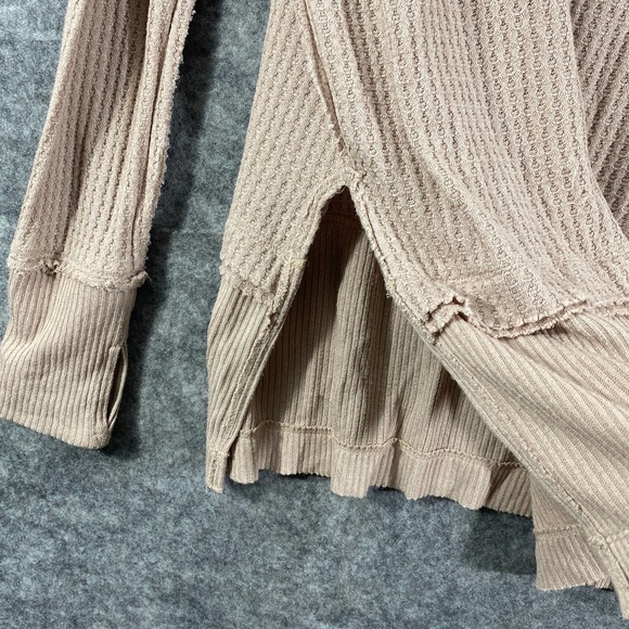 Free People Thermal Top Small Sand Beige Waffle Knit Long Sleeve Oversized - Picture 7 of 14